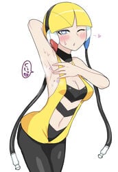 1girls 2020 absurd_res arm_behind_head arm_up armpit_spread armpits ass bare_arms bare_shoulders big_ass blonde_hair blue_eyes blush breasts choker cleavage clothed clothing elesa_(pokemon) elesa_(pokemon_bw) female female_only gym_leader hair_ornament headphones heart heart-shaped_pupils highres human human_only inviting japanese_text leaning_forward looking_at_viewer medium_breasts navel navel_cutout nintendo one_eye_closed open_mouth pokemon pokemon_bw short_hair simple_background sleeveless sleeveless_shirt smell solo speech_bubble standing sweat sweating sweaty sweaty_armpits text thighs tight_clothing tight_pants white-stew white_background wings yellow_clothing