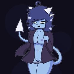 1girls 2020 anthro belly blue_eyes blue_hair blue_skin breasts clubette coat demon female flashing geometry_dash long_sleeves looking_away makifei nipple nipple_slip open_mouth panties panties_down pussy simple_background solo spikes tail