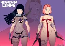 3girls battle_maidens big_breasts black_hair breasts crisisbeat female female_only fishnet_bodysuit green_eyes hyuuga_hinata kunai kunoichi long_hair multiple_girls naruto naruto_(series) naruto_shippuden ninja pink_hair sakura_haruno short_hair skimpy tsunade