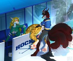 1girls 2boys anthro anthro_on_taur araivis-edelveys blush bodily_fluids breasts canid canine canis chakamil chakat crowd felid felid_taur feline genital_fluids genitals group herm herm/male hockey horn hybrid ice intersex intersex/male knot lynx male mammal mammal_taur multi_tail pawpads paws penetration penis public pussy pussy_juice sex shorttail sport taur vaginal_penetration wolf