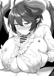 1boy alternate_breast_size blush breasts censored clothed_sex commission covered_nipples cum cum_in_mouth cum_on_body cum_on_breasts cum_on_upper_body cumdrip dragon_girl dragon_horns dragon_wings eyebrows_visible_through_hair fellatio female frilled_shirt frills gentle_mommy grea_(shingeki_no_bahamut) highres horns huge_breasts kloah monochrome oral paizuri paizuri_under_clothes penis pointy_ears shingeki_no_bahamut shirt short_hair solo_focus sweatdrop wings