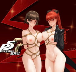 2girls azto_dio bondage bottomless breasts kasumi_yoshizawa kinbaku makoto_niijima multiple_girls naked nipples no_bra open_shirt persona persona_5 persona_5_royal pussy rope_bondage sumire_yoshizawa uncensored