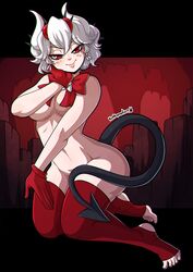 1girls beelzebub_(helltaker) bow demon demon_girl demon_horns demon_tail female helltaker horns kinkymation nude red_eyes solo tail thighhighs white_hair
