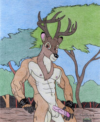 abs anthro antlers balls bambi_(film) buick_skylark cervid cervine colored_pencil disney erection father forest genitals horn ink leather male male_only mammal manly mature_male muscular muscular_male nature nipples parent penis prince royalty sky solo testicles the_great_prince_of_the_forest traditional_media_(artwork) tree uncensored wood