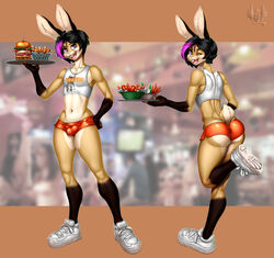 anthro ass bachan balls_outline black_hair buckteeth bulge clothed clothing eldiman femboy femboy_hooters food footwear fur furry genital_outline girly hair hi_res highlights_(coloring) holding_tray lagomorph leporid male male_focus male_only mammal navel one_eye_closed open_mouth orange_clothing rabbit skimpy solo teeth tongue twink wink