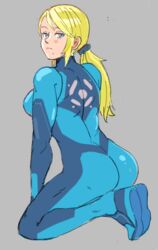 1girls ass blonde_hair blue_eyes bodysuit breasts female female_only female_protagonist from_behind kneeling looking_back metroid nintendo png samus_aran sooperman zero_suit zero_suit_samus