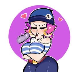 annoyed arms_crossed blowjob brawl_stars cum_in_mouth penny_(brawl_stars) pink_hair pirate simple_background slipfaz