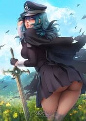 1girls arkuny ass bare_thighs big_ass blue_eyes byleth_(fire_emblem) byleth_(fire_emblem)_(female) cape curvy detailed_background female female_only fire_emblem fire_emblem:_three_houses green_hair hat huge_ass large_breasts long_hair looking_at_viewer looking_back nintendo no_panties presenting presenting_hindquarters ripped_clothing skirt solo_focus sword teal_hair thick_ass thick_thighs thighhighs thighs torn_clothes uniform upskirt weapon