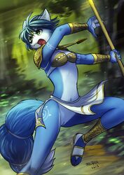 accidental_exposure action_pose angry blue_fur casual_exposure cute_fangs female furry furry_only going_commando krystal loincloth nintendo no_humans no_panties no_underwear powree pussy star_fox tribal tribal_tattoo