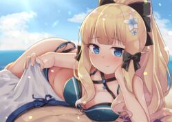 :/ bangs bikini black_bow blonde_hair blue_eyes blush bow breasts elf erection erection_under_clothes eyebrows_visible_through_hair eyelashes_visible_through_hair female flower hair_flower hair_ornament hairbow handjob highres large_breasts light-skinned_female light-skinned_male light_skin long_hair looking_at_viewer nenosame pointy_ears ponytail princess_connect! princess_connect!_re:dive saren_(princess_connect!) swimsuit