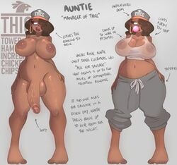 auntie_(rapscallionvns) balls big_breasts breasts bubble_gum bulge character_profile character_sheet clothing dark-skinned_futanari dark_skin dickgirl earrings fast_food futanari hat human jack_cayless large_penis model_sheet nude rapscallion_games sheet sweater sweatpants wet_clothes