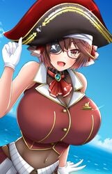 1girls 2020 absurd_res bare_arms bare_shoulders bow breasts brown_hair cleavage clothed clothing cosplay covered_navel eye_patch eyebrows_visible_through_hair female female_only glasses gloves hair_between_eyes hand_on_hat heart highres hololive hololive_fantasy hololive_japan houshou_marine houshou_marine_(cosplay) huge_breasts jewelry looking_at_viewer mameneko minami_rina ocean open_mouth orange_eyes original outdoors pirate_hat see-through semi-rimless_glasses short_hair sky smile solo tongue virtual_youtuber water white_gloves