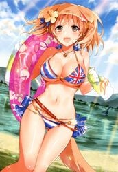 1girls absurdres animal_ears beach big_breasts bikini blush breasts brown_eyes brown_hair cleavage cloud curvy day dog_ears dog_girl dog_tail female female_focus flag_print flower hair_flower hair_ornament hibiscus highres innertube jewelry large_breasts light_rays looking_at_viewer murakami_yuichi navel necklace open_mouth original outdoors pendant print_bikini shiny shiny_skin short_hair sky smile solo sunbeam sunlight swimsuit tail thigh_gap towel union_jack union_jack_bikini water