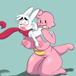 blush breasts dizzytizzy humanoid large_breasts larger_female lickilicky licking licking_ass nintendo no_humans pink_body pokemon pussy rabbit rabbit_ears rabbit_humanoid rabbit_tail scarf smaller_male tail white_fur