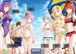 2boys 5girls abs bangs bikini bikini_shorts black_speedo blonde_hair blue_bikini blue_eyes blue_hair blue_swimming_trunks blunt_bangs blush breast_conscious breast_hold breasts casual_one-piece_swimsuit character_name cleavage drill_hair elise_katharina_von_hohenheim facial_hair first_porn_of_franchise fuji_choko gluteal_fold hachinan_tte_sore_wa_nai_deshou! hair_ornament hairband hand_on_hip highres ina_susanne_hillenbrand katharina_linda_von_weigel large_breasts long_hair luise_yolande_aurelia_overweg mohawk multiple_boys multiple_girls muscular_male mustache navel one-piece_swimsuit outdoors pink_hair ponytail purple_eyes purple_hair purple_swimsuit red_bikini red_eyes red_hair scan shorts sidelocks small_breasts smile sparkle speedo sweatdrop swimming_trunks swimsuit thigh_gap thumbs_up toned_male twin_drills twintails very_long_hair vilma_etre_von_asgahan wendelin_von_benno_baumeister yellow_bikini