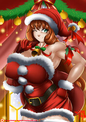 breasts christmas female_only green_eyes large_breasts looking_at_viewer muscular orange_hair penny_polendina posing rwby smile suicidetoto wink