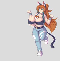 1girls aiya_(demonwolf202) big_breasts breasts brown_hair cat_ears cat_tail catgirl cleavage female female_only green_eyes huge_breasts kittenboogers large_breasts long_hair looking_at_viewer shoes sneakers solo solo_female underboob