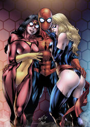 1boy 2012 2girls apple_butt ass_grab avengers big_ass big_breasts bubble_butt carol_danvers costume dat_ass dinei ed_benes ed_benes_studio female ffm ffm_threesome hair hand_on_ass hips huge_ass huge_breasts human human_only imminent_threesome jessica_drew large_ass large_breasts light-skinned_female light_skin male marvel mask masked mature mature_female mff ms._marvel ms._marvel_(carol_danvers) multiple_girls peter_parker signature skin_tight spider-man spider-man_(series) spider-woman straight straight_hair superhero superheroine thick_ass thick_thighs threesome watermark wide_hips