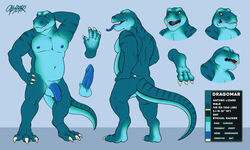 2020 3_toes 4_fingers 5:3 anthro ass bald balls barefoot blue_body blue_nipples blue_penis blue_tongue body_pattern claws dragomar english_text erection expression_sheet expressions fingers flat_colors forked_tongue genitals hi_res humanoid_genitalia humanoid_penis lizard looking_at_viewer male model_sheet musclegut muscular nipples nude obfuscator open_mouth pattern pecs penis plantigrade reptile scalie simple_background smile solo standing striped_body stripes teeth text toes tongue tongue_out white_background yellow_eyes