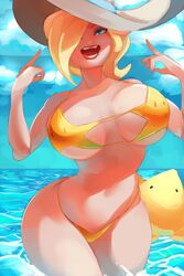 beach bikini blonde_hair blue_eyes hat large_breasts luma luma_bikini mario_(series) milkriot nintendo ocean pointing princess_rosalina smile star_bikini sun_hat super_mario_galaxy