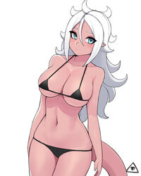 1girls 2010s android_21 android_21_(good) bare_arms bare_shoulders bikini black_bikini black_swimsuit blue_eyes blush breasts closed_mouth donburikazoku dragon_ball dragon_ball_fighterz female hair_between_eyes high_resolution humanoid large_breasts light_persona long_hair looking_at_viewer majin majin_android_21 micro_bikini monster_girl navel pink_skin pointy_ears simple_background solo swimsuit tail white_background white_hair