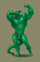 2017 abs anthro barazoku biceps big_biceps big_muscles closed_eyes deltoids dragon flaccid flexing genitals green_body hand_behind_head horn humanoid_genitalia humanoid_penis male male_only mickey_the_retriever muscular muscular_anthro muscular_male navel nude obliques open_mouth penis quads reptile scalie simple_background smile solo standing tongue triceps varanis_blackclaw vein veiny_penis