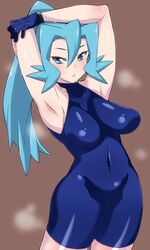 1girls abs armpits big_breasts blue_bodysuit blue_eyes blue_hair bodysuit clair_(pokemon) female gloves human komusou_(jinrikisha) long_hair nintendo pale-skinned_female pale_skin pokemon pokemon_gsc pokemon_hgss solo standing thick_thighs wide_hips