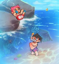 1boy 1girls 2020 animal_crossing anthro barefoot big_penis black_hair blush bubble canine casual clothing crossed_arms diving female furry hair human isabelle_(animal_crossing) male nintendo ocean ocean_floor panken penis penis_out pink_hair public rock scuba_mask smile snorkel submerged swim_trunks swimming_trunks swimsuit swimwear testicles villager_(animal_crossing) water