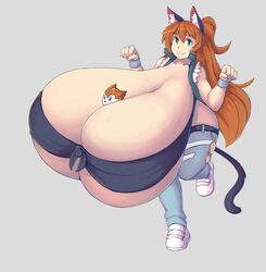 1girls aiya_(demonwolf202) breasts breasts_bigger_than_body brown_hair cat_ears cat_tail catgirl cleavage female female_only green_eyes hyper hyper_breasts kittenboogers long_hair looking_at_viewer shoes sneakers solo solo_female solo_focus underboob