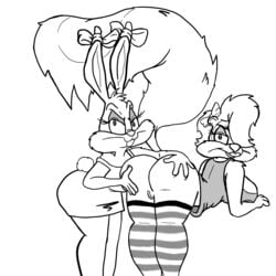 2girls aged_up angry anthro babs_bunny big_ass big_breasts black_and_white bunny_ears doodleporn fifi_la_fume fluffy_tail furry goth monochrome piercing piercings rabbit skunk tiny_toon_adventures