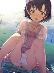 anus bob_cut dress dutch_angle embarrassed outdoor_pee outdoors outside panties panties_down pantsu panty_pull peeing peeing_in_water pussy seneto shiragiku_hotaru skirt_lift the_idolm@ster the_idolm@ster_cinderella_girls urinating urinating_female urination urine urine_stream wet