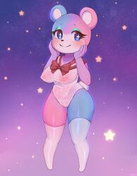 absurd_res animal_crossing anthro areola bear big_breasts blue_body blue_eyes blue_fur blush breasts camel_toe clothing eyelashes eyeshadow female fur glistening glistening_clothing glistening_eyes hi_res judy_(animal_crossing) leggings legwear leotard makeup mammal negitivess night_sky nintendo nipple_outline nipples pink_body pink_fur smile solo sparkling_eyes standing star thick_thighs thigh_highs tight_clothing translucent translucent_clothing ursa ursid ursine video_games wide_hips