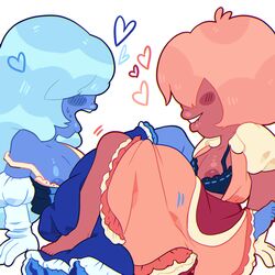 blinding_bangs blue_hair blue_skin blush bra breasts cartoon_network cocoachicken dress exposed_breasts female gem_(species) gloves hair_over_eyes heart hidden_eyes off_colors_(steven_universe) padparadscha_(steven_universe) sapphire_(steven_universe) scissoring steven_universe tribadism yuri