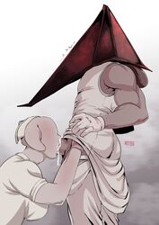 1boy 1girls blowjob bubble_head_nurse cum cum_in_mouth deepthroat fellatio female male nurse_(silent_hill) pyramid_head rei39 silent_hill silent_hill_2