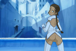 anaxus ass avatar_the_last_airbender blue_eyes bottomless braid braided_hair brown_hair clothing dark-skinned_female dark_skin female female_only gloves innie_pussy katara petite posing princess_outfit pussy small_ass small_breasts solo stockings thighhighs vagina young