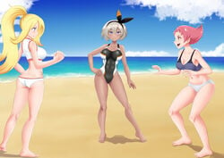 bea_(pokemon) beach bikini cat_fight_tournament human korrina_(pokemon) lok182 maylene_(pokemon) nintendo pokemon pokemon_dppt pokemon_ss pokemon_xy short_pink_hair swimsuit tagme trait_connection