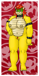 1girls 2d 4_toes 5_fingers anthro barefoot big_breasts border bowser breasts claws fangs female female_bowser female_only fingers full_body genderswap_(mtf) genitals hair hi_res horn koopa mario_(series) musclegut navel nintendo nipples nude pubes pubic_hair pussy red_background red_eyes red_hair rule_63 scalie shell simple_background smile smirk solo standing toe_claws toes video_games vjmorales white_border