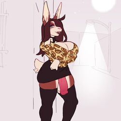 1:1 1futa absurd_res anthro big_breasts bottomwear breasts cleavage clothed clothing futanari genitals gynomorph hi_res intersex lagomorph legwear leporid mammal outside penis prostitution rabbit rune4 skirt solo solo_futa thigh_highs