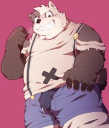 2020 absurd_res anthro belly bodily_fluids bottomwear bulge clothing genital_fluids gleipnir hi_res humanoid_hands kemono male male_only mammal overweight overweight_male pants park_kr precum shirt simple_background solo topwear underwear ursid