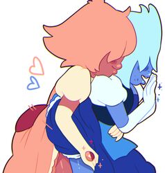 blinding_bangs blue_hair blue_skin blush cartoon_network cocoachicken dress dress_lift female gem_(species) hair_over_eyes heart hidden_eyes off_colors_(steven_universe) padparadscha_(steven_universe) sapphire_(steven_universe) steven_universe