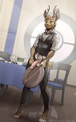 10:16 2020 4_toes 5_fingers anthro antlers clothed clothing detailed_background digital_media_(artwork) fingers fur hi_res horn jackalope lagomorph male male_only mammal solo tan_body tan_fur toes twinkle-sez vest waiter