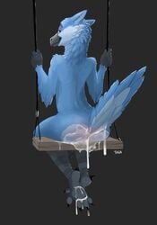 anthro ass avian bedroom_eyes bird bodily_fluids cum cum_in_ass cum_inside cum_on_feathers cum_on_feet feathers genital_fluids hi_res inviting male male_only narrowed_eyes presenting presenting_hindquarters seductive solo spreading taga