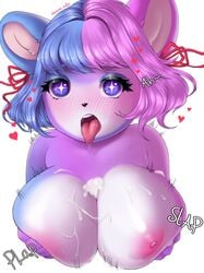 ahe_gao animal_crossing anthro areola big_breasts blush bodily_fluids breasts cum cum_on_breasts eyelashes female fur genital_fluids hair hi_res huge_breasts judy_(animal_crossing) looking_pleasured macaronneko mammal multicolored_hair nintendo nipples pink_body pink_fur rainbow_hair saliva saliva_string solo_focus sparkling_eyes tongue tongue_out ursid video_games