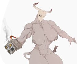 anthro areola audunor barely_visible_genitalia barely_visible_pussy big_breasts bone bovid bovine breasts female genitals mammal muscular muscular_female nipples nude pussy simple_background skull solo weapon white_background