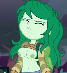 1girls accurate_art_style areolae backpack big_breasts biting_lip breasts closed_eyes correct_artstyle edit edited equestria_girls exposed_breasts female forgotten_friendship freckles friendship_is_magic green_hair green_skin hasbro lifted_shirt lip_biting mlp-gft my_little_pony navel nipples partial_nudity partially_nude screencap screenshot screenshot_edit shirt_lift wallflower_blush_(eg)