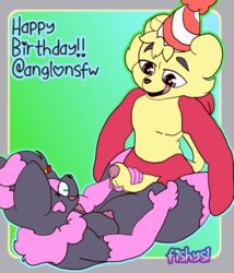 absurd_res anthro birthday_hat breasts caesar_(anglo) duo eyebrows eyelashes female fishys1 foreplay foreskin fur genitals handjob heart hi_res holding_legs licking licking_lips lying male mienfoo nintendo nipples on_back penile penis pink_body pink_fur pokémon_(species) pokemon pokemon_(species) romantic_ambiance romantic_couple rubbing sex simple_background smile straight tongue tongue_out video_games zabrina_(afc) zorua