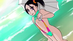 1boy 2017 black_hair bulge chaoticnaughty colored_mankini femboy girly male male_only mankini nipples ocean pink_eyes pink_mankini side_ponytail sissy small_penis umbrella