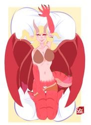 2020 animal_humanoid blonde_hair breasts cev claws cleavage clitoris clothed clothing dragon dragon_humanoid ear_piercing eyeshadow female gender_symbol genitals hair hi_res high-angle_view horn humanoid looking_at_viewer lying makeup markings membrane_(anatomy) membranous_wings monster_girl partially_clothed piercing pillow pulling_pants_down pussy red_body red_skin sharp_claws sharp_teeth simple_background smile solo spikes symbol teeth wings yellow_eyes ♀