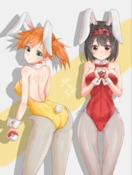 2girls ass black_hair breasts brown_eyes bunny_ears bunny_tail bunnysuit erika_(pokemon) female female_only green_eyes human kasumi_(pokemon) masamune multiple_girls nintendo orange_hair pantyhose pokeball pokemon pussy vagina