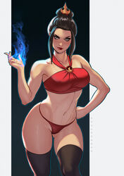 1girls abs avatar_the_last_airbender azula bandeau bare_shoulders black_hair blue_fire crown dandon_fuga evil_grin female female_only fire fire_nation firebending halter_top hand_on_hip hourglass_figure lipstick looking_at_viewer medium_breasts midriff nickelodeon one_piece_tan pinup pose solo standing stockings swimsuit swimsuit_tan tanline thick_thighs thighhighs tied_hair upper_body yellow_eyes